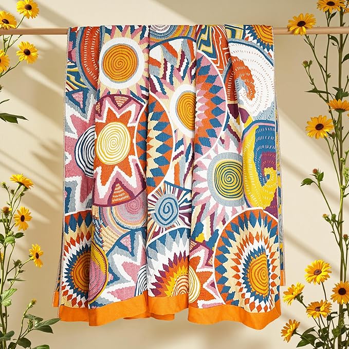 VANJOROY Boho Throw Blanket, 100% Organic Muslin Cotton Skin-friendly Breathable Ultra Soft Bed Quilt Throw - All Season Bohemian Decor Luxury Colorful Blanket for Sofa Couch Chair and Gift. 80" x 90"