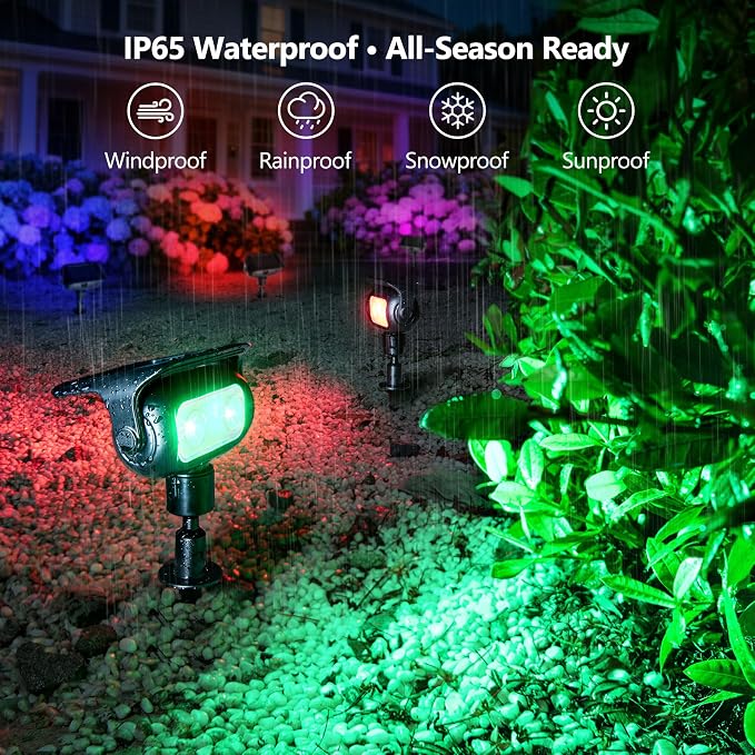 Brizled Solar Powered Spotlight Color Outdoor Spot Light Landscape Lighting | 360° Rotation Head; 9 Color & 11 Mode; IP65 Waterproof; Adjustable Height; Stake or Wall Mounted for Yard Tree Garden Pathway