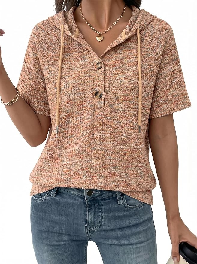 Dokotoo Womens Summer Tops 2026 Short Sleeve Button V Neck Waffle Knit Lightweight Drawstring Hoodies Casual Blouses Shirts