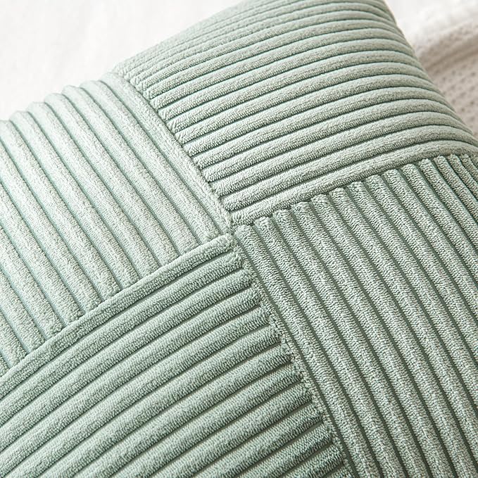 MIULEE Greyish Green Decorative Throw Pillow Covers for Couch 18x18 Inch | 2 Pack, Boho Farmhouse Pillow Covers, Soft Cross Corduroy Patchwork Textured Cushion Cases For Bed Sofa
