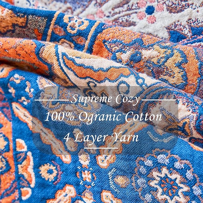 VANJOROY Boho Throw Blanket for Bed Couch 80" x 90", 100% Organic Cotton Skin-Friendly Ultra Soft Quilt Throw - Floral Rustic Living Room Decor Luxury Reversible Blanket for Sofa Chair and Gift