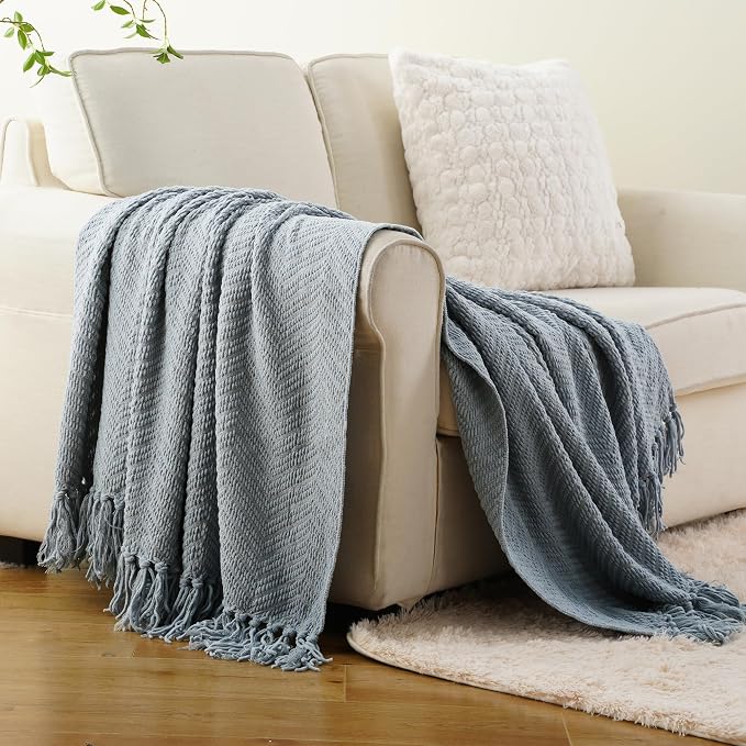 BATTILO HOME Blue Grey Throw Blanket for Couch, Knit Throw Blanket, 50"x60" | Super Soft Dusty Blue Throw Blanket with Tassels, Knit Blanket for Bed,Sofa and Living Room