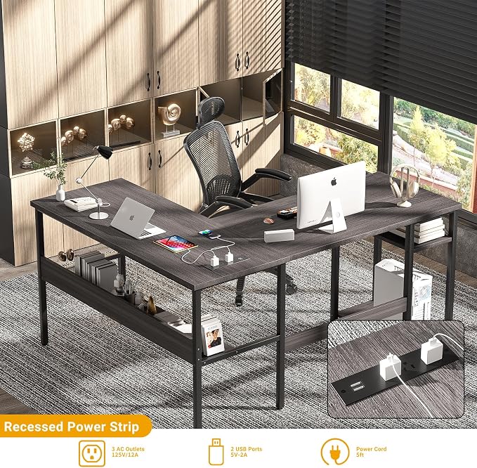 Unikito Reversible L Shaped Desk with Magic Power Outlets and USB Charging Ports, Sturdy Corner Computer Desk with Storage Shelves, Gaming Table Home Office Desk, Easy to Assemble, Enoch Walnut