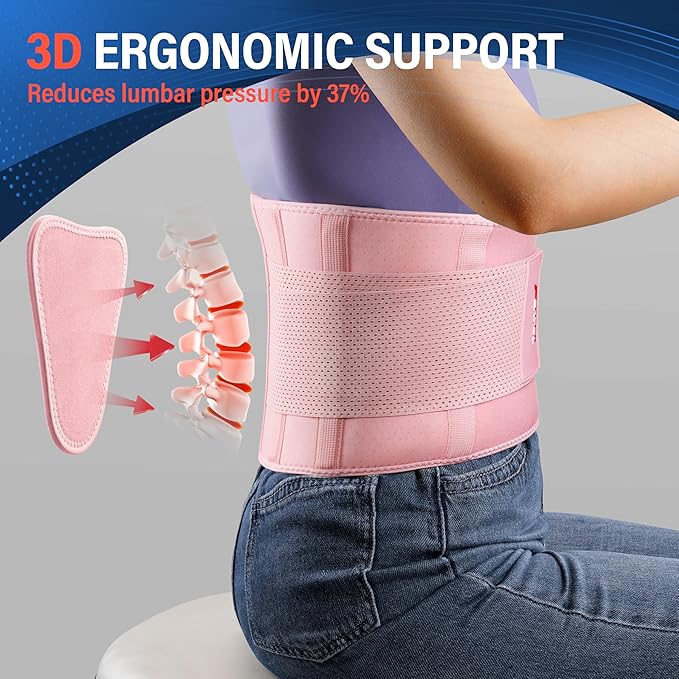 FEATOL Back Brace for Lower Back Pain, Breathable Back Support Belt for Women & Men with Lumbar Pad, Lumbar Support Belt for Heavy Lifting & Work, Pink, 2XL (Circumference:38.6-51.2")