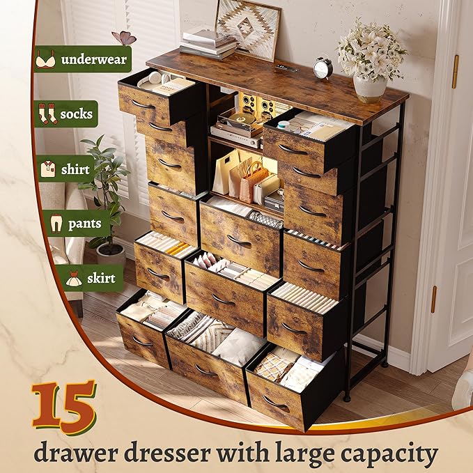 EnHomee 51" H Dresser with 15 Drawers Dresser for Bedroom with Charging Station & LED Lights & Hutch Sturdy Fabric Bedroom Dressers, Steel Frame, Wood Top, Rustic Brown, 51.2" H x 39.3" W x 11.8" D