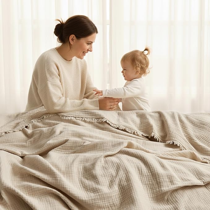WDCOZY Muslin Blanket 100% Cotton Blankets Twin Size 4-Layer Breathable Lightweight Soft for Couch Bed Boho Farmhouse Linen Tassels Ruffle Gauze Blankets All Season 60x80 Inches Beige Tan Neutral