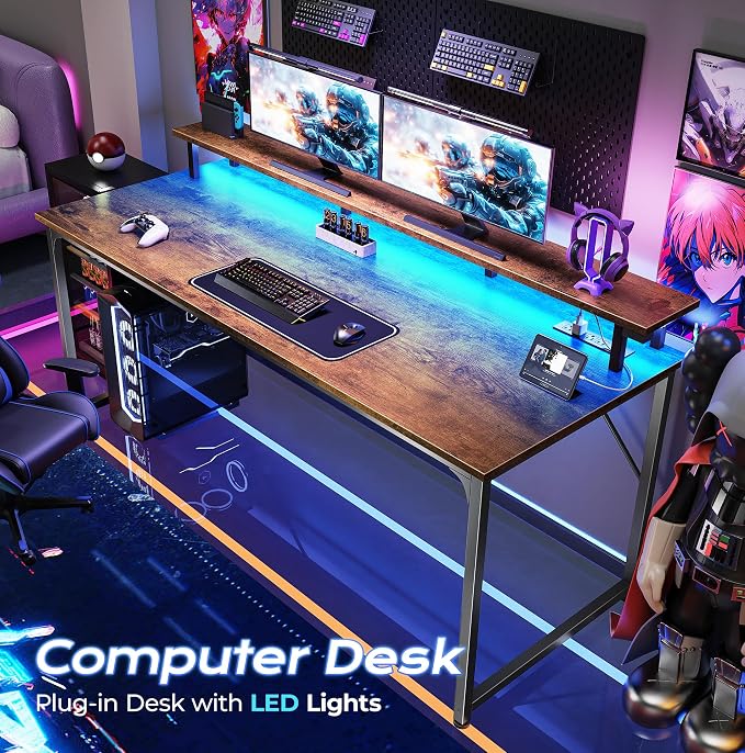 PRAISUN 55 inch Gaming Desk, LED & Outlets, Monitor Stand, Rustic Brown | Sturdy PC Desk for Home Office, Study & Work, LED Lights, 4 AC Outlets & USB-C Charging Station