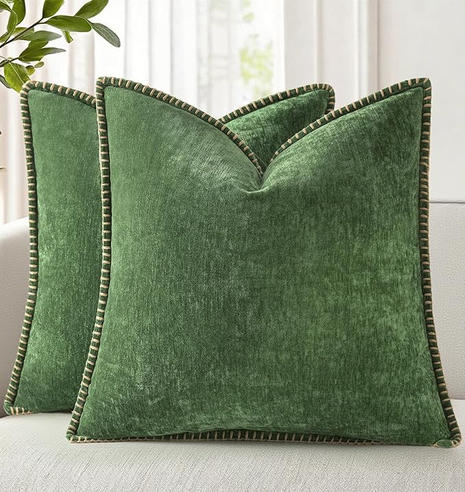 decorUhome Soft Chenille Throw Pillow Covers 18x18 Set of 2 Forest Green | Fall Textured Decorative Throw Pillow Cases Stitched Edge Modern Farmhouse Luxury Boho Velvet for Couch Sofa Bed Home Decor