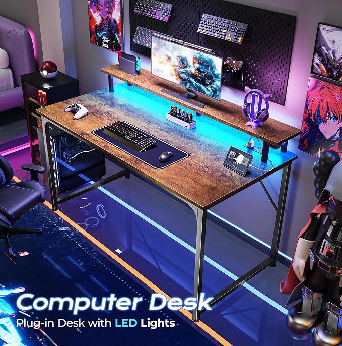 PRAISUN 40 inch Gaming Desk, LED & Outlets, Monitor Stand, Rustic Brown | Sturdy PC Desk for Home Office, Study & Work, LED Lights, 4 AC Outlets & USB-C Charging Station