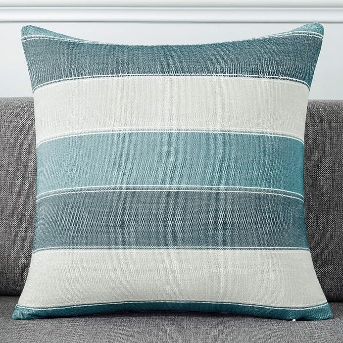 Pack of 2 Farmhouse Stripe Check Throw Pillow Covers Set Case Cotton Linen Decorative Pillowcases Cushion Cover for Couch Bench Sofa 18x18Inch Teal Blue