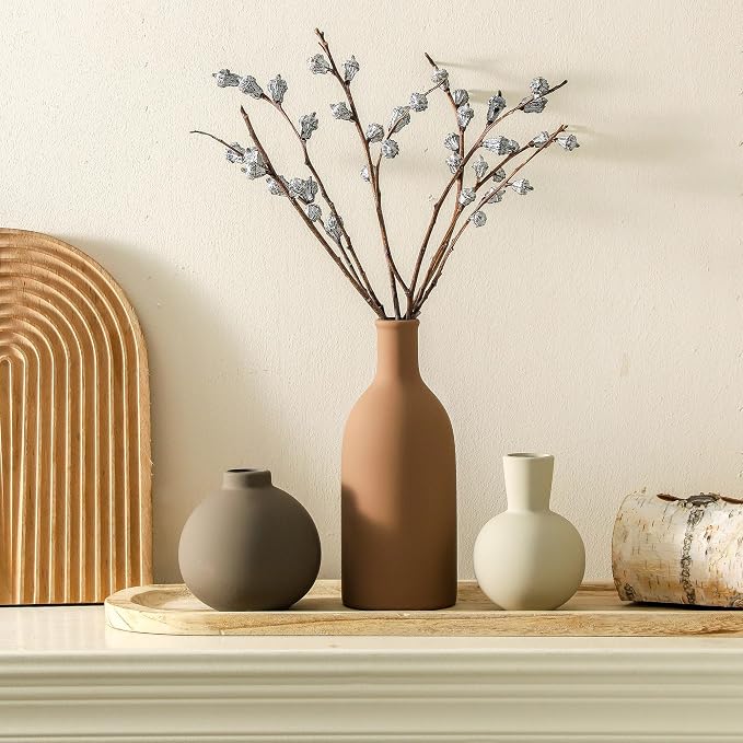 Vase Set of 3 | Ceramic Neutral Vases Home Decor | Rustic Flower Pottery Vases Modern Farmhouse Vase for Table Entryway Mantel Centerpiece Bookshelf Living Room Bathroom Bedroom -Brown Large