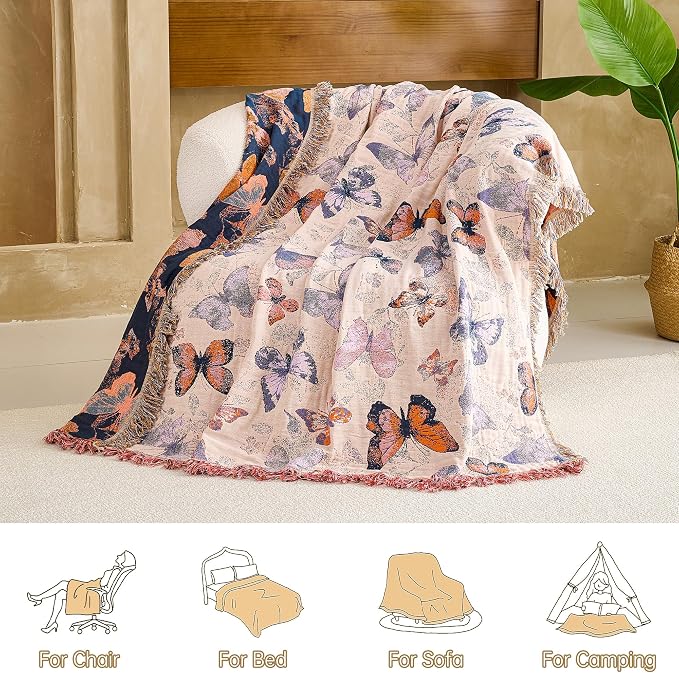VANJOROY Boho Throw Blanket, 100% Organic Cotton Breathable Ultra Soft 50" x 60" Bed Quilt Throw - All Season Floral Rustic Farmhouse Decor Luxury Reversible Blanket for Sofa Couch Chair and Gift