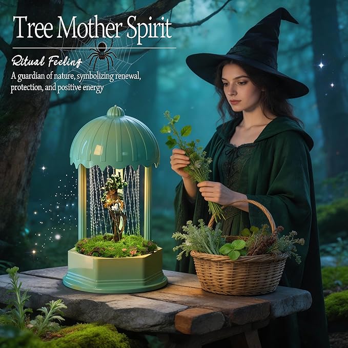 Forest Series Tree Mother Oil Rain Lamp – Gradient Green Sculptural Mood Light & Mossy Display Stand, Healing Nature Goddess Decor with Spirit Birds & Aroma Diffuser (Complete Set)