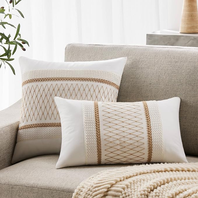 2pk Boho Pillow Covers 20x20, Natural White/Grid/Brown | 100% Organic Cotton Body, Stripe Embroidery, Farmhouse Decorative Cushion Covers for Sofa Bed Living Room Home Decor
