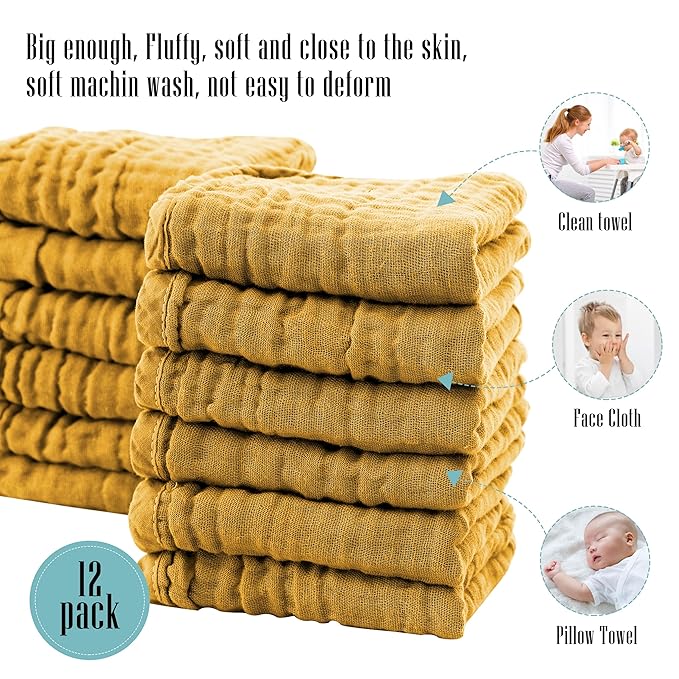 Cute Castle 12 Pack Muslin Burp Cloths for Baby - Ultra-Soft 100% Cotton Baby Washcloths - Large 20'' by 10'' Super Absorbent Milk Spit Up Rags - Burpy Cloths for Unisex, Boy, Girl - Honey
