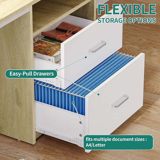 DWVO Computer Desk with Drawers, 47.2" Office Desk with Power Outlets & LED Light, Home Office Desk with Storage Shelves, White & Oak | Built-In Power Outlets, Led Light, Storage Shelves, Drawers, Compact Size, for Home Office Small Space, Easy Assembly