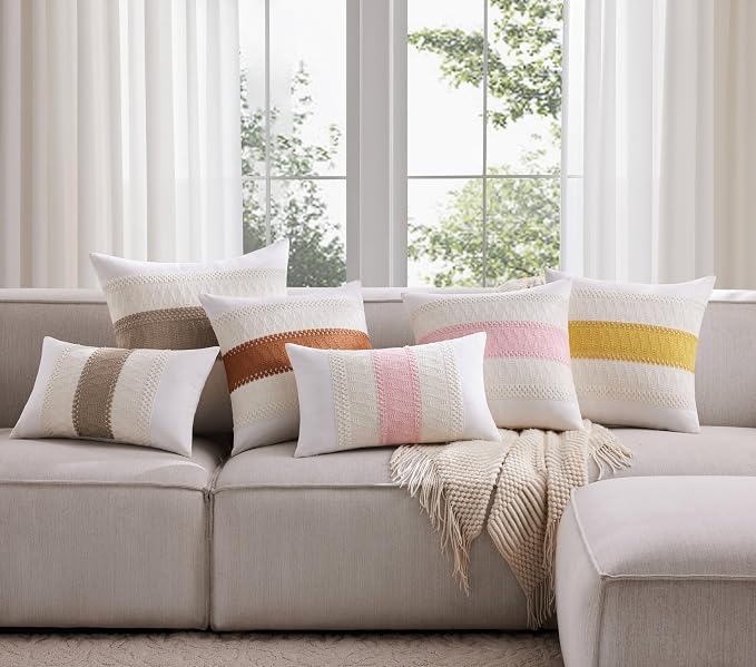 2pk Boho Pillow Covers 24x24, Natural White/Contrast/Taupe | 100% Organic Cotton Body, Stripe Embroidery, Farmhouse Decorative Cushion Covers for Sofa Bed Living Room Home Decor