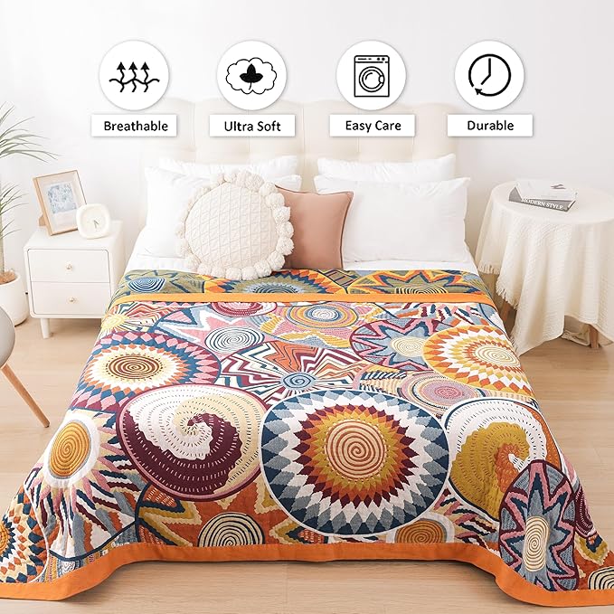 VANJOROY Boho Throw Blanket, 100% Organic Muslin Cotton Skin-friendly Breathable Ultra Soft Bed Quilt Throw - All Season Bohemian Decor Luxury Colorful Blanket for Sofa Couch Chair and Gift. 80" x 90"