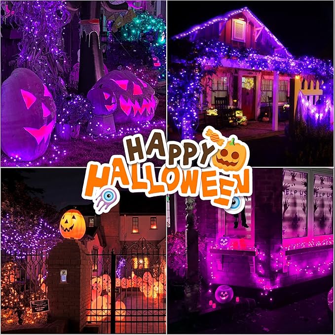 LAMPHOME 66FT 200LED Purple Christmas Lights Indoor Outdoor Clear Wire, Purple Lights for Christmas Tree, 16 Modes Deep-Violet String Lights Plug in for halloween Bedroom Garden Party Xmas Decorations