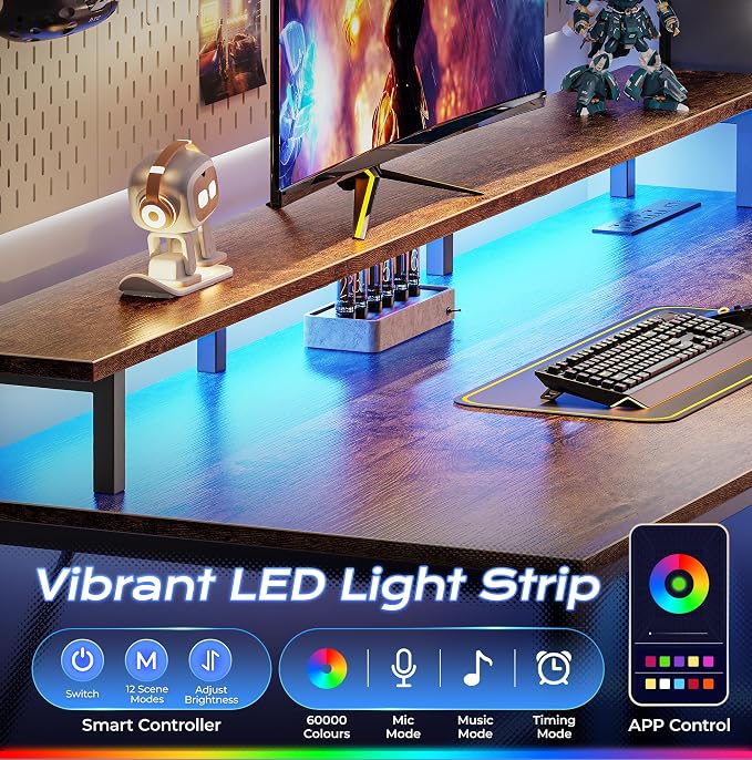 PRAISUN 55 inch Gaming Desk, LED & Outlets, Monitor Stand, Rustic Brown | Sturdy PC Desk for Home Office, Study & Work, LED Lights, 4 AC Outlets & USB-C Charging Station