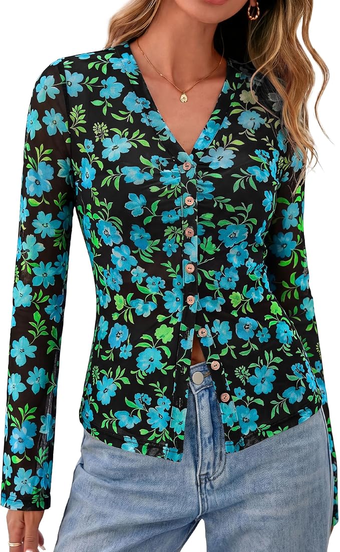 BTFBM Button Down Shirts for Women 2026 Fall Boho Tops V Neck Long Sleeve Blouses Ruched Mesh Fitted Fashion Clothing