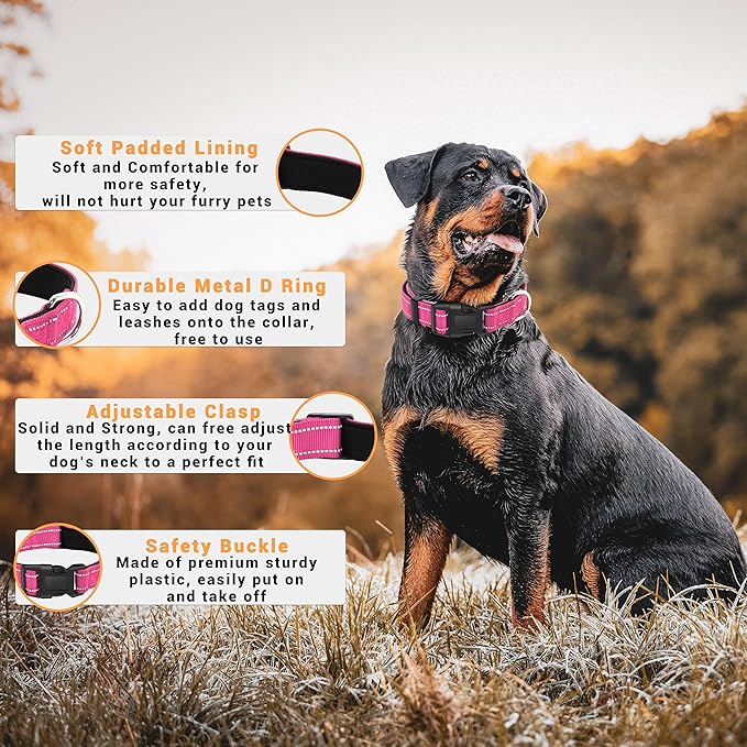 2 Pack Reflective Dog Collar with Safety Locking Buckle, Adjustable Soft Breathable Comfortable Nylon Pet Collar for Small, Medium and Large Dogs, Hotpink, XS