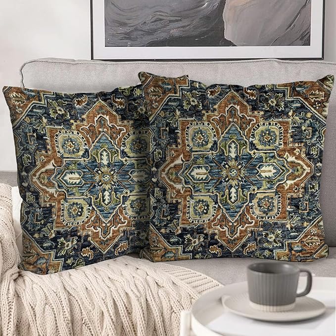 Boho Throw Pillow Covers 18x18 inch Set of 2,Bohemian Vintage Carpet Pattern Antique Ethnic Decor Double Sided Pattern Cushion Cover Soft Pillow Case Living Sofa Room Bed Square Pillow Cover