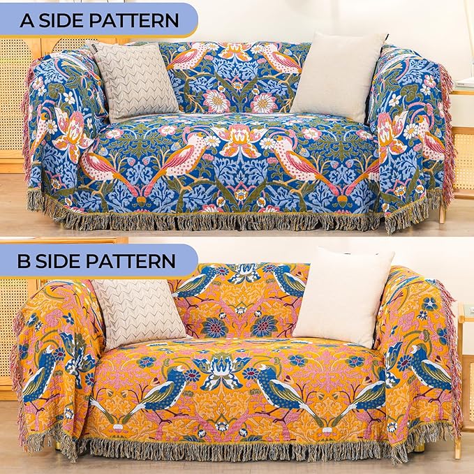 Queen Size Throw Blanket for Bed 100% Cotton Boho Oversized Soft Cozy Muslin Quilt Blanket Double Bird and Florals, Vintage Farmhouse Cottage Woven Blankets for Bedding Couch,80"×90"- Blue&Yellow
