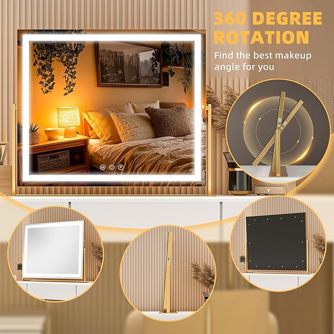 Vanity Mirror with Lights, 24'' x 20'' Lighted Makeup Mirror, Touch Screen with 3-Color Lighting, Dimmable for Vanity Desk Tabletop Square Gold