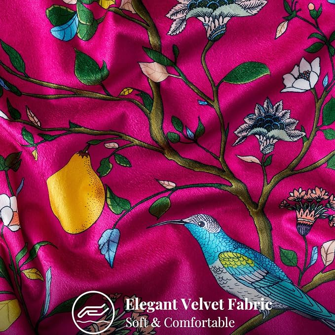 MUSSEL Hot Pink Velvet Floral Decorative 16x16 Pillow Covers Set of 2 | Soft Durable and Sturdy,Bird Plant,Throw Pillows Case,Square,Colorful Modern Cushion Covers,Home Sofa Bed Couch Decor
