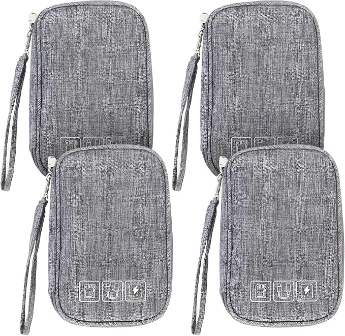 4Pcs Electronic Organizer Bag,Small Travel Tech Cable Organizer Pouch, Waterproof Travel Cord Organizer Portable Carrying Case Portable for Cord Charger Earphone USB SD Card Cables Power Bank,Grey