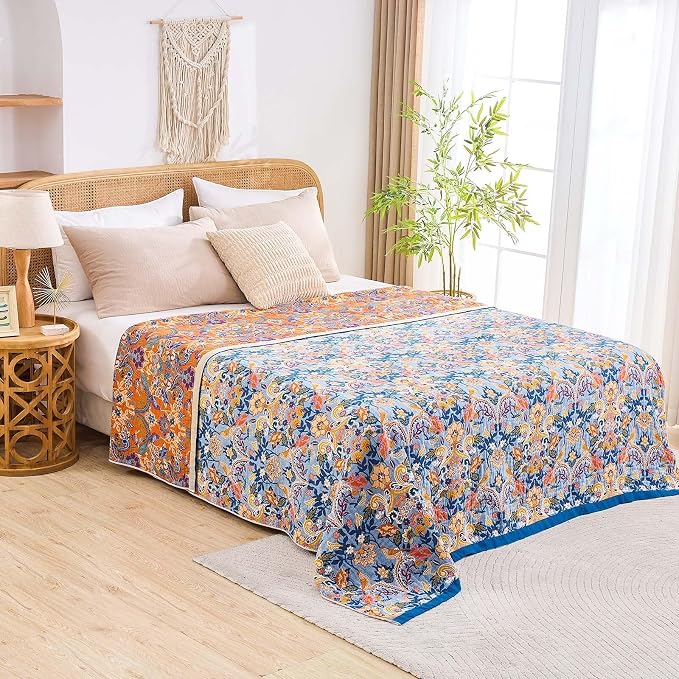 XIBLC Boho Throw Blanket for Bed, 100% Cotton Soft Rustic Quilt Fall Blanket, 60"x80" Floral Printed Farmhouse Decor Bed Blankets, All Season Rustic Reversible Bohemian Throw Quilt