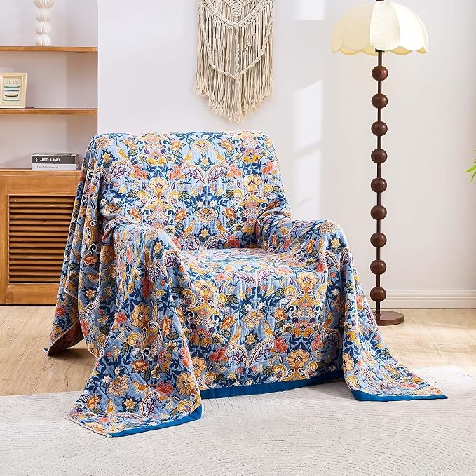 XIBLC Boho Throw Blanket for Bed, 100% Cotton Soft Rustic Quilt Fall Blanket, 60"x80" Floral Printed Farmhouse Decor Bed Blankets, All Season Rustic Reversible Bohemian Throw Quilt