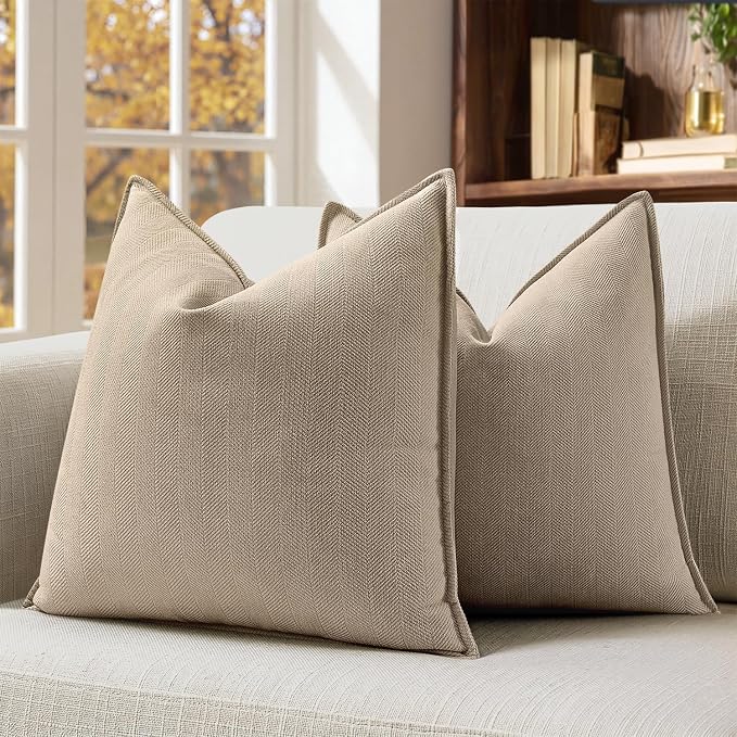 MIULEE Pack of 2 Khaki Decorative Chenille Pillow Covers 18x18 Inch | Soft Couch Throw Pillows,Farmhouse Cushion Covers with Elegant Design for Sofa,Bedroom,Living Room,Spring Home Decor