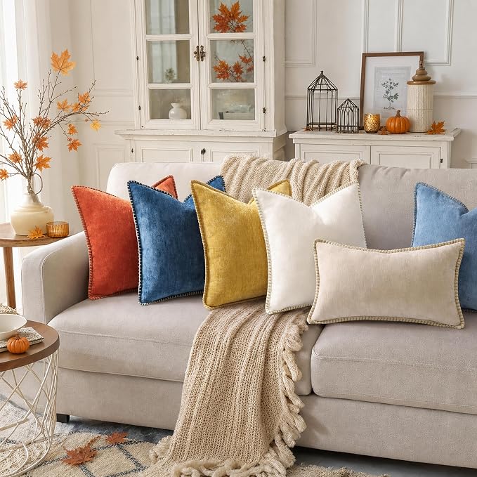 decorUhome Soft Chenille Throw Pillow Covers 22x22 Set of 2 Rust | Fall Textured Decorative Throw Pillow Cases Stitched Edge Modern Farmhouse Luxury Boho Velvet for Couch Sofa Bed Home Decor