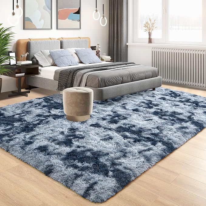 Tepook Soft Fluffy Rugs for Living Room, 5x8 Shaggy Area Rug for Bedroom, Modern Shag Rug Fuzzy Carpets for Kids, Plush Indoor Nursery Home Decor Rug with Non-Slip Bottom, Tie-dye Dark Blue