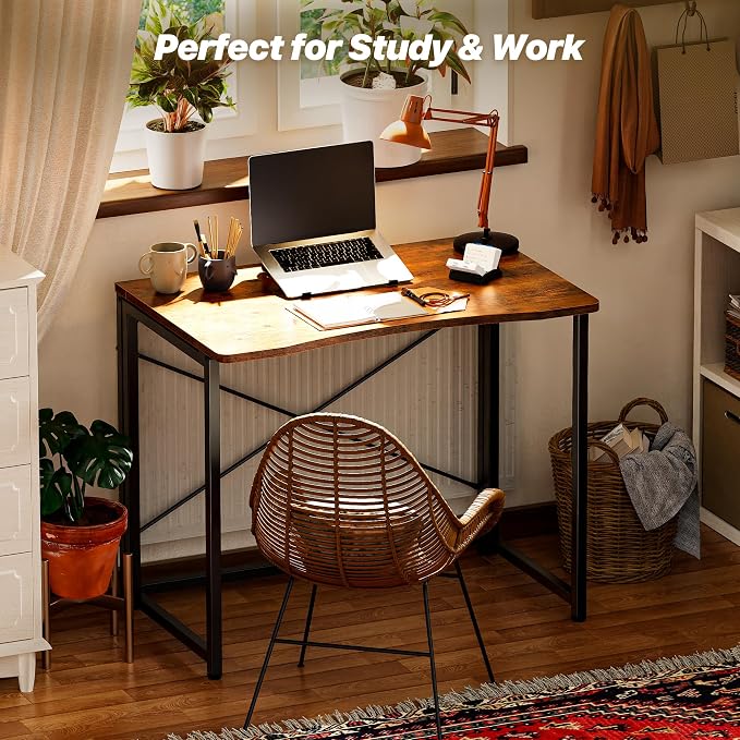 Huuger Folding Desk for Small Spaces, 31.5 Inch Foldable Computer Table, Easy Assembly, for Home Office, Study, Bedroom, Dorm, Space Saving, Small Writing Work Office Computer Desk, Rustic Brown