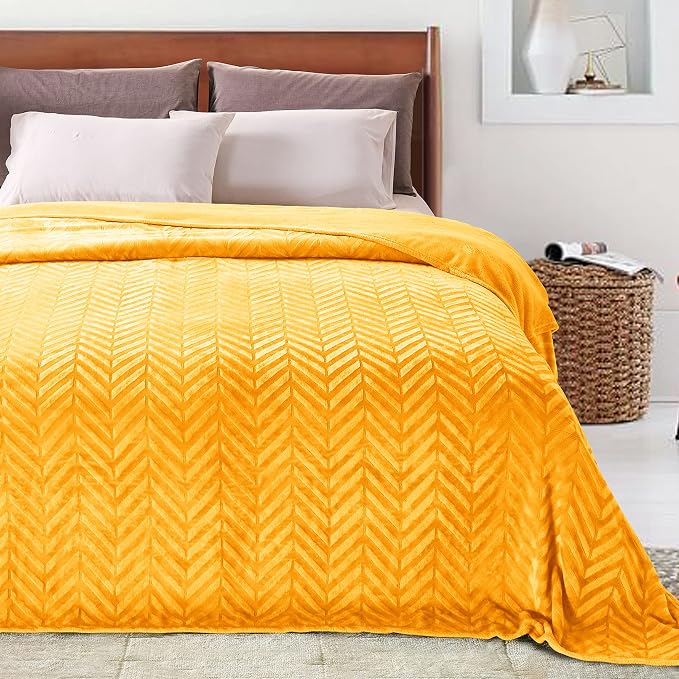 Whale Flotilla Flannel Fleece Fall Bed Blanket Queen Size, Lemon Yellow | Lightweight Breathable Soft Bedspread, Plush Fluffy Coverlet Chevron Design Decorative Blanket for Home Life, 90x90 Inch