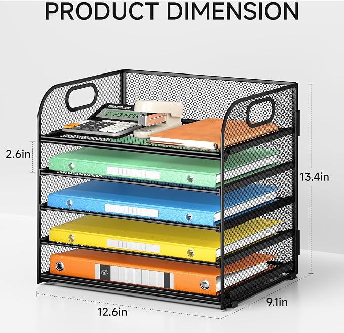Lavatino 5 Tray Desk File Organizer, Black Mesh Paper Sorter Letter Tray Organizer with Handle, Desktop File Organizer and Storage for Letter/A4 Office File Folder