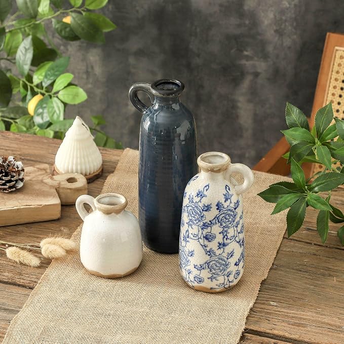 Ceramic Vase Set of 3 with Handle, Vintage Rustic Vases Home Decor Farmhouse Decorative Vase Pottery Decor Modern for Table Mantel Entryway Bookshelf Living Room Kitchen Bedroom - Blue