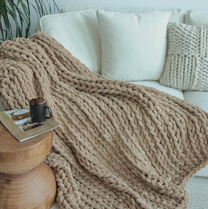 Maetoow Chenille Chunky Knit Blanket,Handmade Cozy for Home Decor,40×50,Khaki