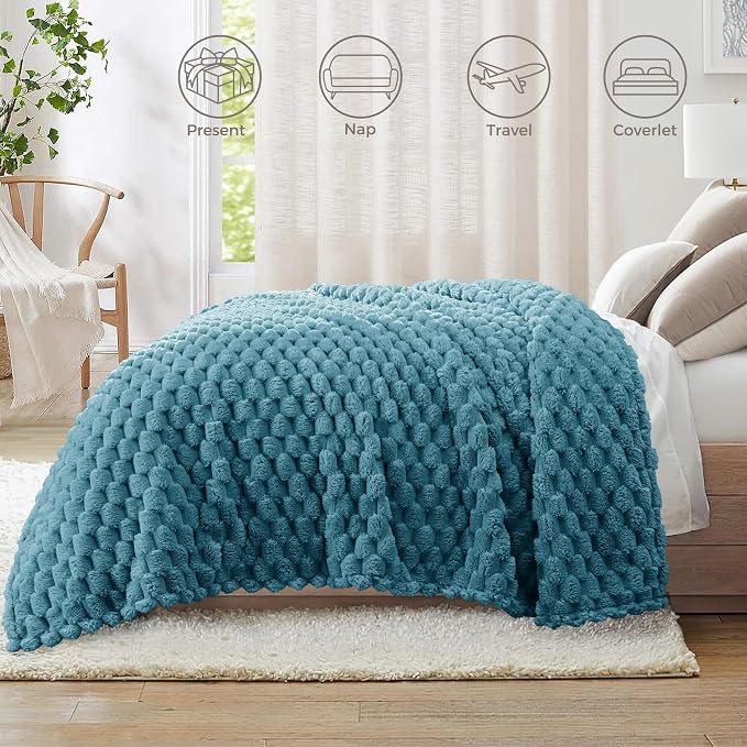 Whale Flotilla Soft Fleece Queen Size Bed Blanket 3D Jacquard, Slate Blue | Lightweight Breathable Coverlet Bedspread for All Seasons, Super Cozy Plush Fluffy Fuzzy Decorative Blanket for Bed, 90"x90"