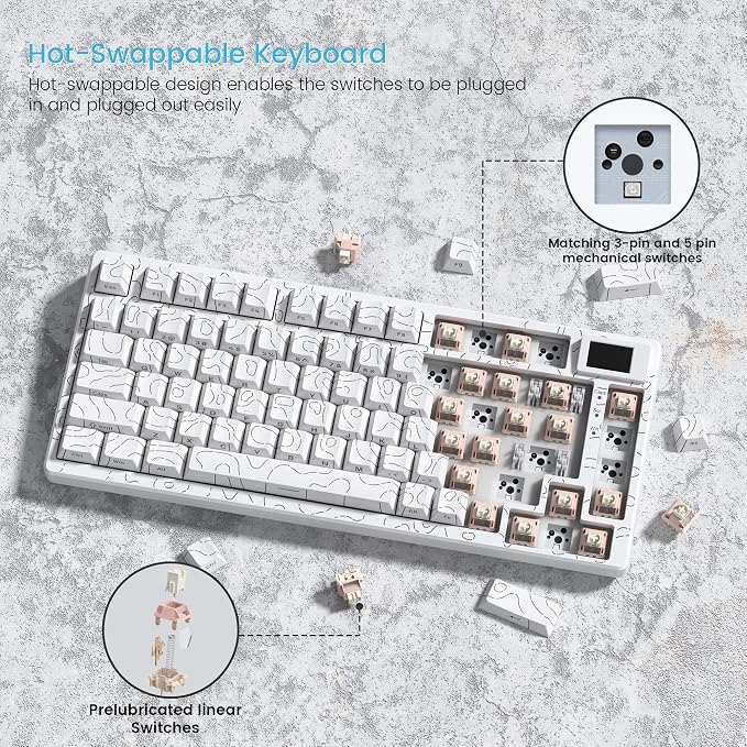 Womier SK80 75% Percent Keyboard Gaming with Color Multimedia Display | Mechanical Keyboard Topographic, Hot Swappable Gasket Mount RGB Creamy Key board Pre-lubed POM Switch for Mac/Win,White