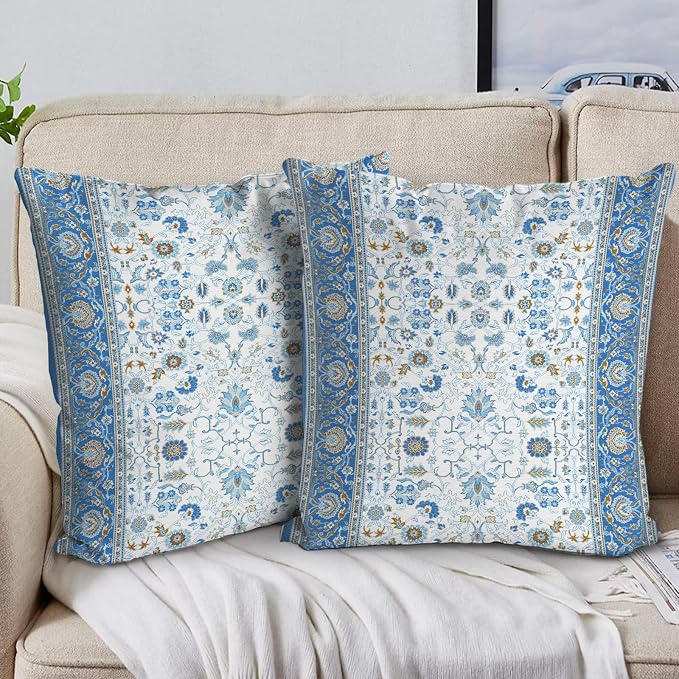 Boho Floral Throw Pillow Covers 20x20 inch Set of 2,Blue Boho Rug Geometric Floral Pattern Decor Double Sided Pattern Cushion Cover Soft Pillow Case Living Sofa Room Bed Square Pillow Cover