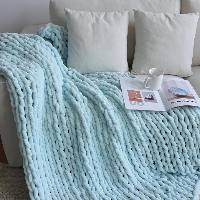 Maetoow Chenille Chunky Knit Blanket,Handmade Cozy for Home Decor,50×60, Baby Blue