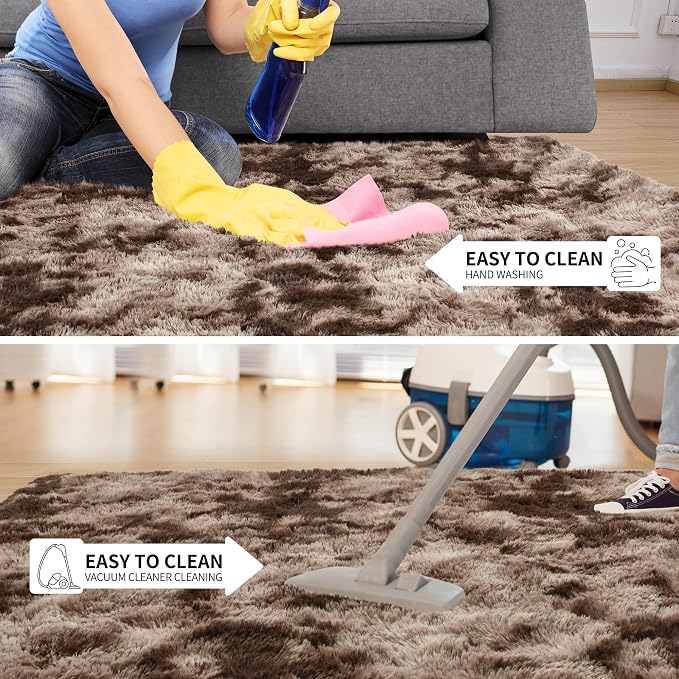 Tepook 6x9 Area Rugs for Living Room Bedroom, Soft Fluffy Plush Shaggy Girls Boys Kids Room Rug, Shag Upgrade Non-Slip Throw Carpet for Dorms Nursery Classroom Home Decor, Tie-Dyed Brown