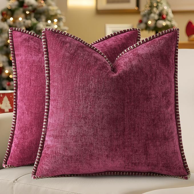 decorUhome Soft Chenille Throw Pillow Covers 24x24 Set of 2 Rhododendron | Fall Textured Decorative Throw Pillow Cases Stitched Edge Modern Farmhouse Luxury Boho Velvet for Couch Sofa Bed Home Decor