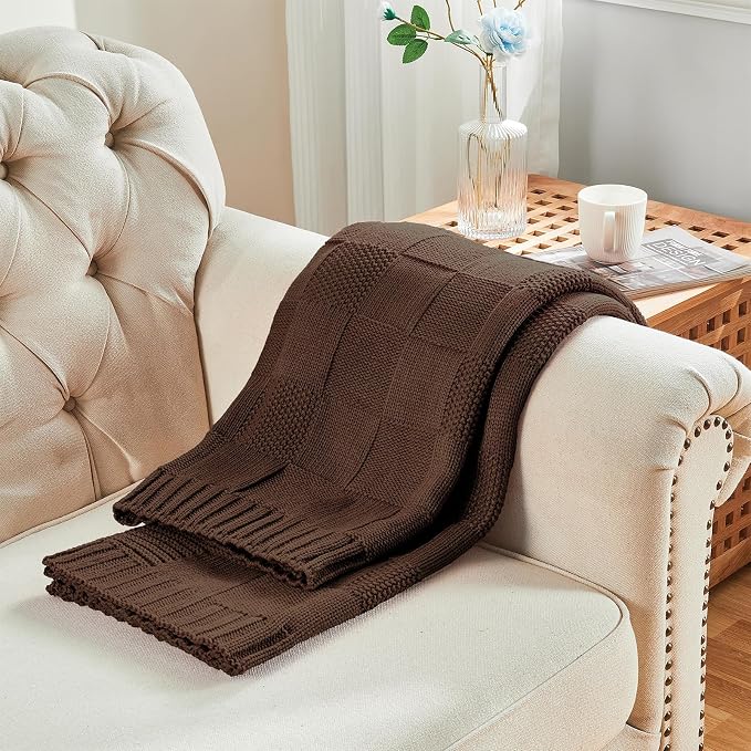 CozeCube Dark Brown Knitted Checkered Throw Blanket 50"X60" | Check Knit Throw for Couch, Decorative Christmas Soft Cozy Warm Blanket for Bed Sofa Living Room