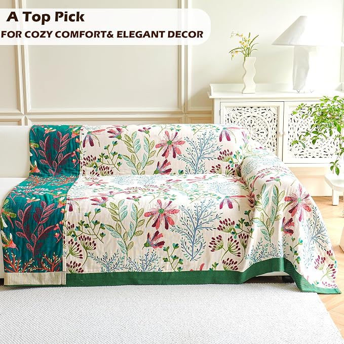 VANJOROY Boho Throw Blanket, 100% Organic Cotton Breathable Ultra Soft 50" x 60" Bed Quilt Throw - All Season Floral Rustic Farmhouse Decor Luxury Reversible Blanket for Sofa Couch Chair and Gift