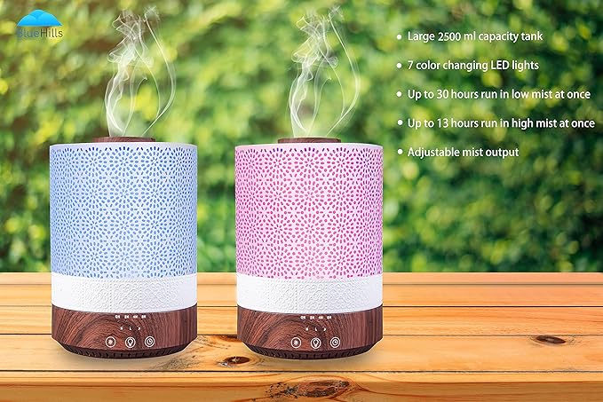 BlueHills Premium Set of Two Large 2500 ML and 4000 ML XL Essential Oil Diffusers Humidifier Combo for Large Room Home with Décor Cover LED Lights Great Gift – Value Pack of Dark Wood Grain.